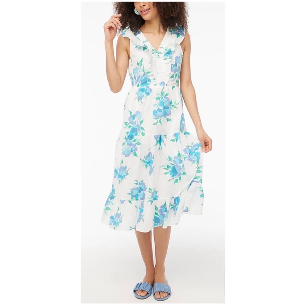 NWT J. Crew Factory Printed V-Neck Smocked Midi Dress White Blue Multi Size 4